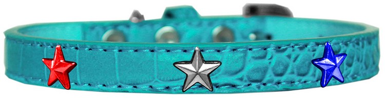 Red, White and Blue Star Widget Croc Dog Collar Turquoise Size 18